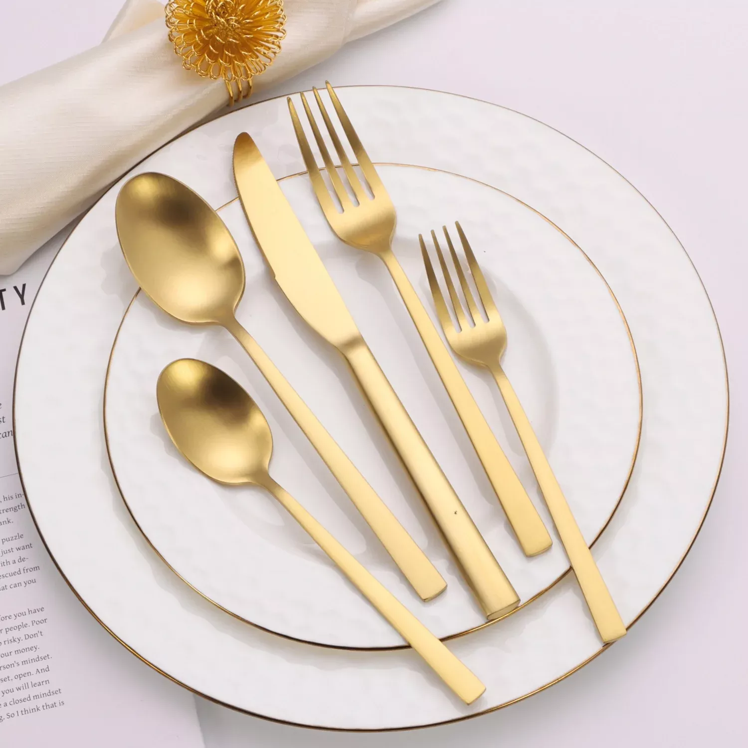 20 Pc Flatware Set Matte Gold/Black with Square Handles