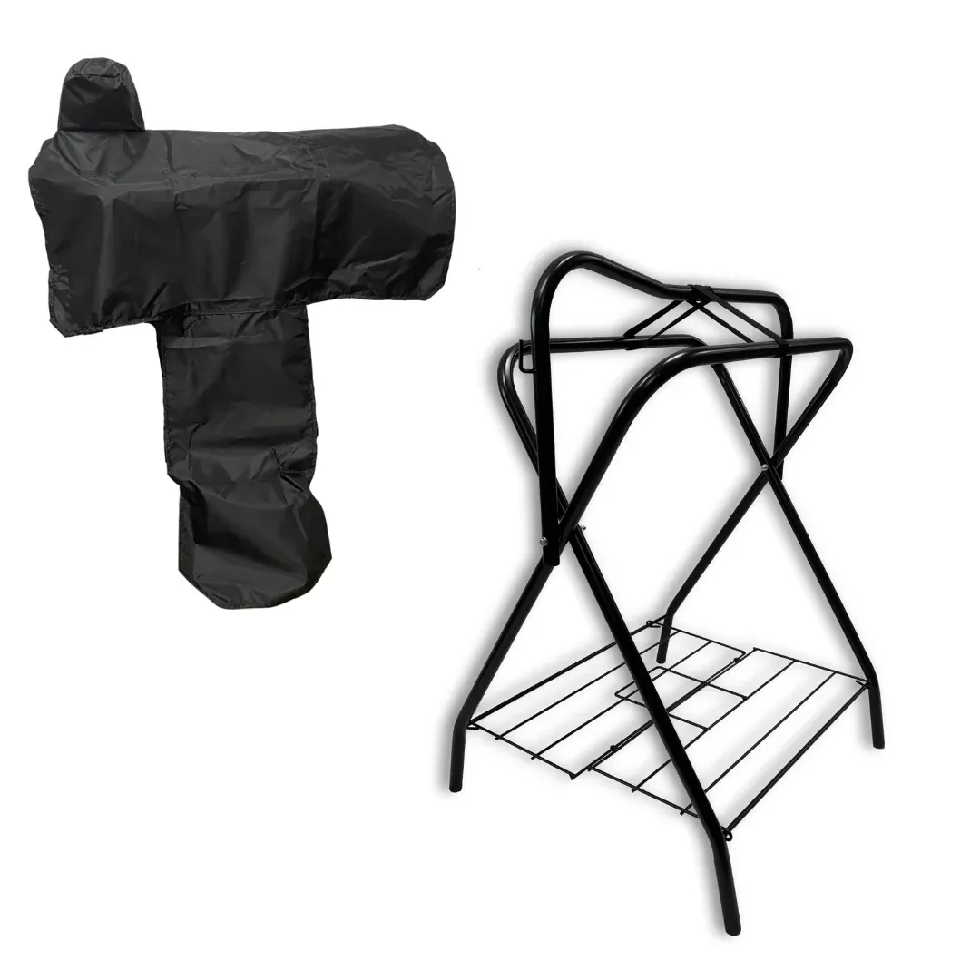 AJ Tack Freestanding Portable Horse Saddle Rack with Black Western Saddle Cover