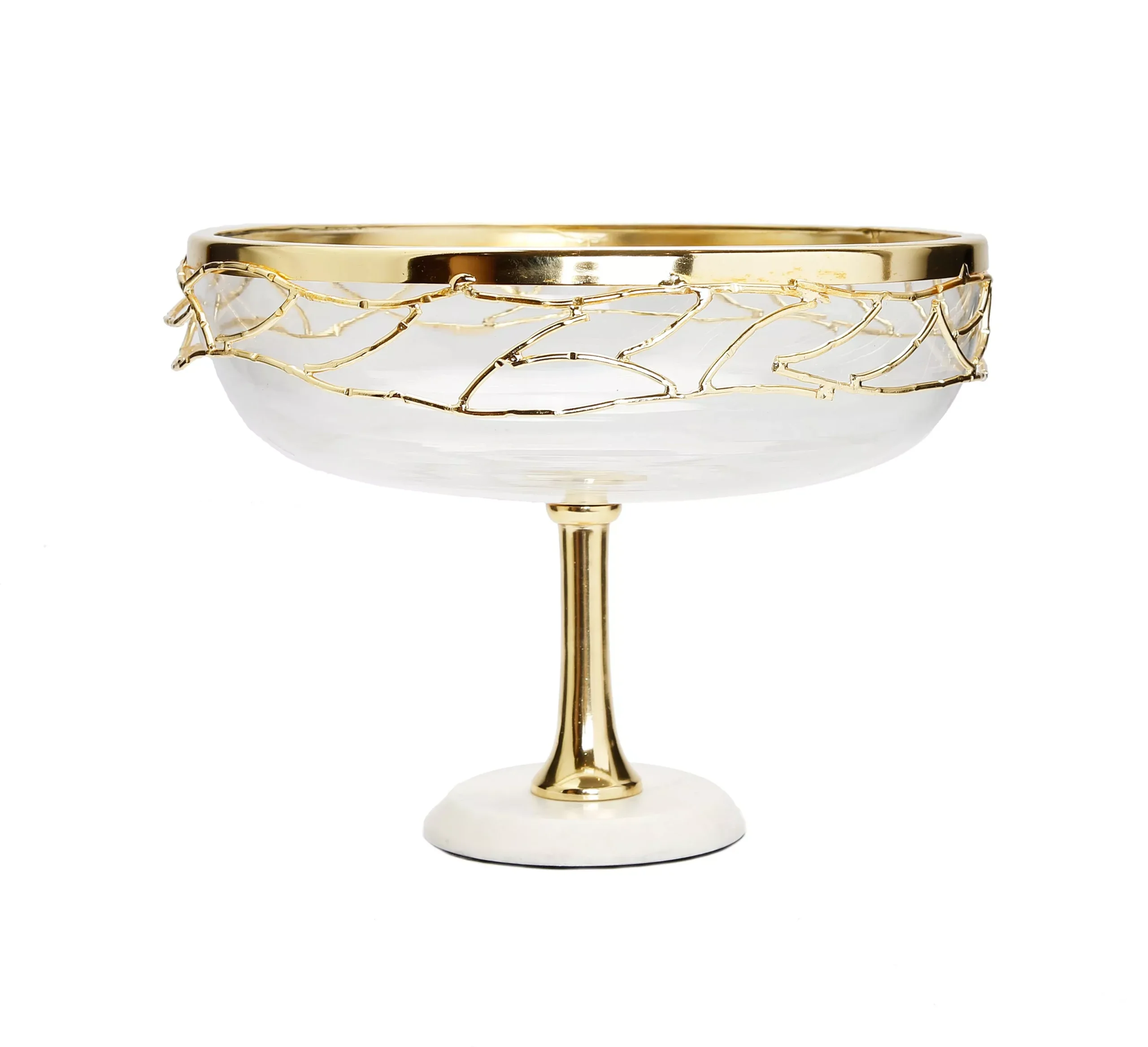 Footed Bowl White Marble Base Gold Mesh Design 9.5"D