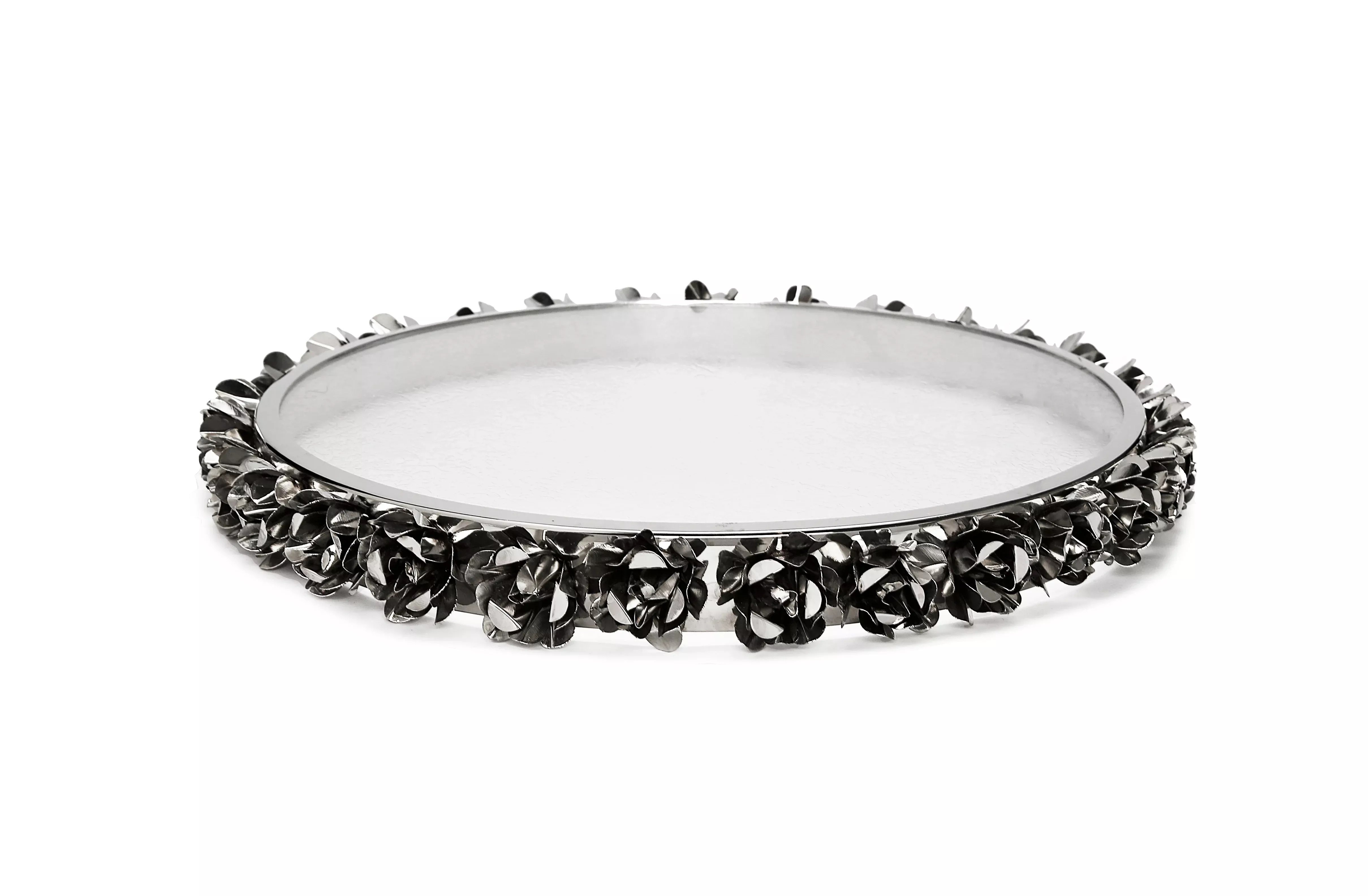 Glass Round Platter with Silver Flower Border