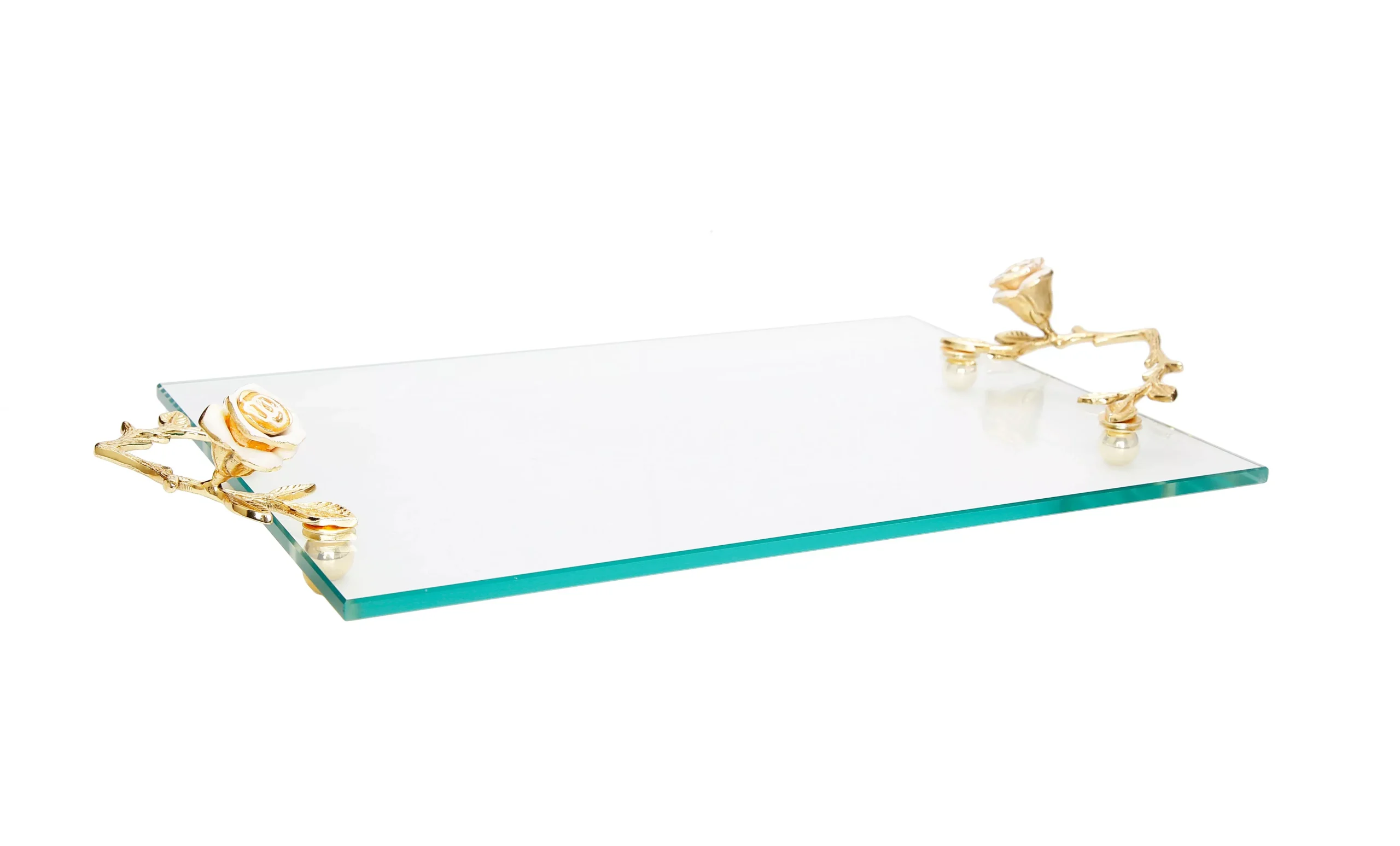 Glass Tray with White Rose Handles