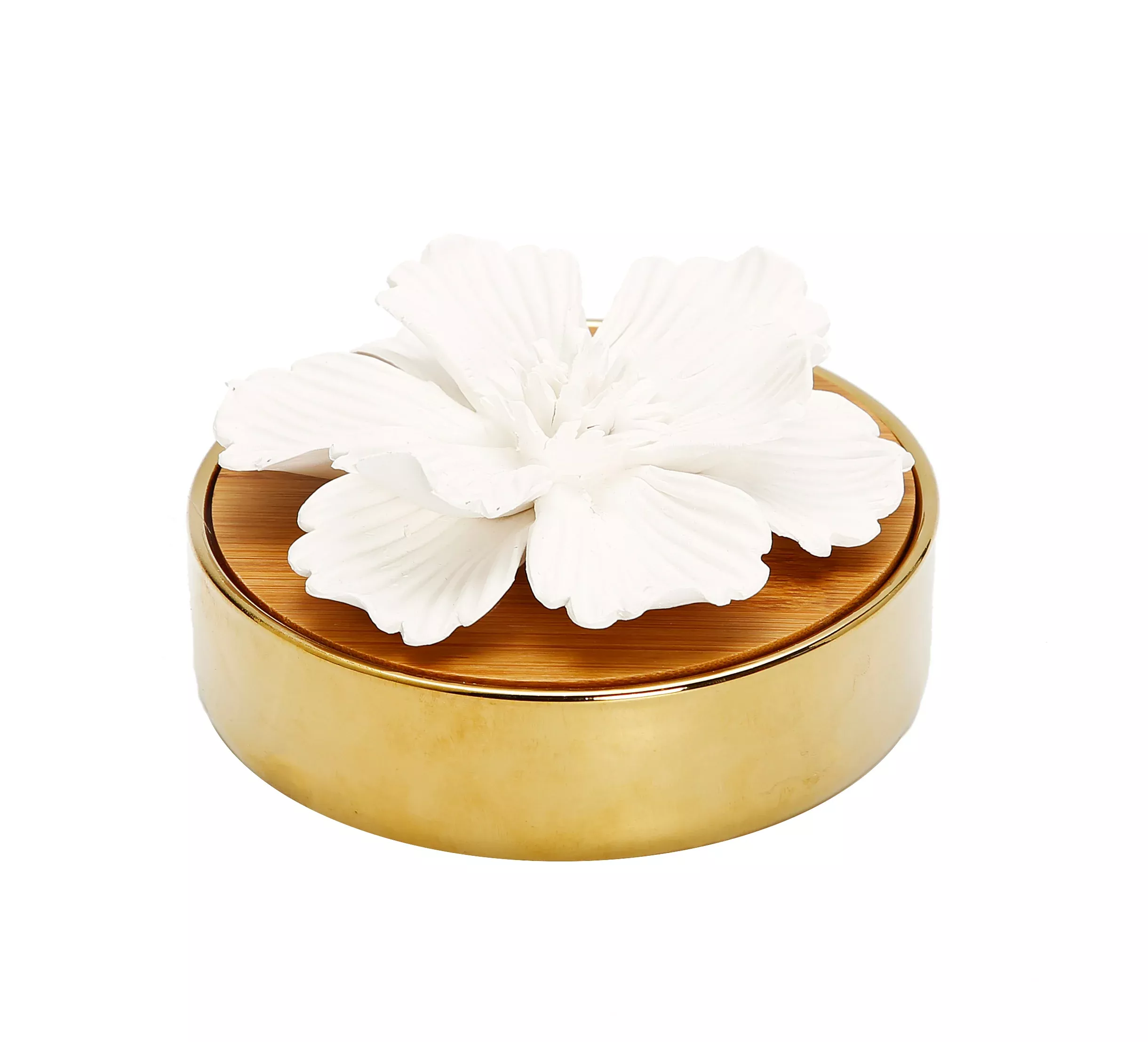 Glossy Gold Hemispheric shaped Diffuser with White Flower, "English Pear & Freesia" Scent