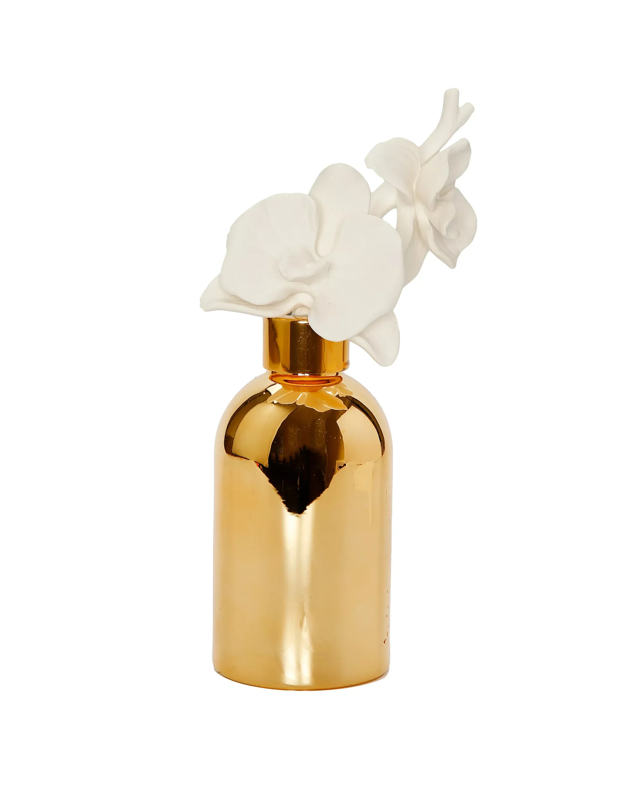 Gold Bottle Diffuser with Gold Cap and White Flower, "Lily of the Valley" Scent