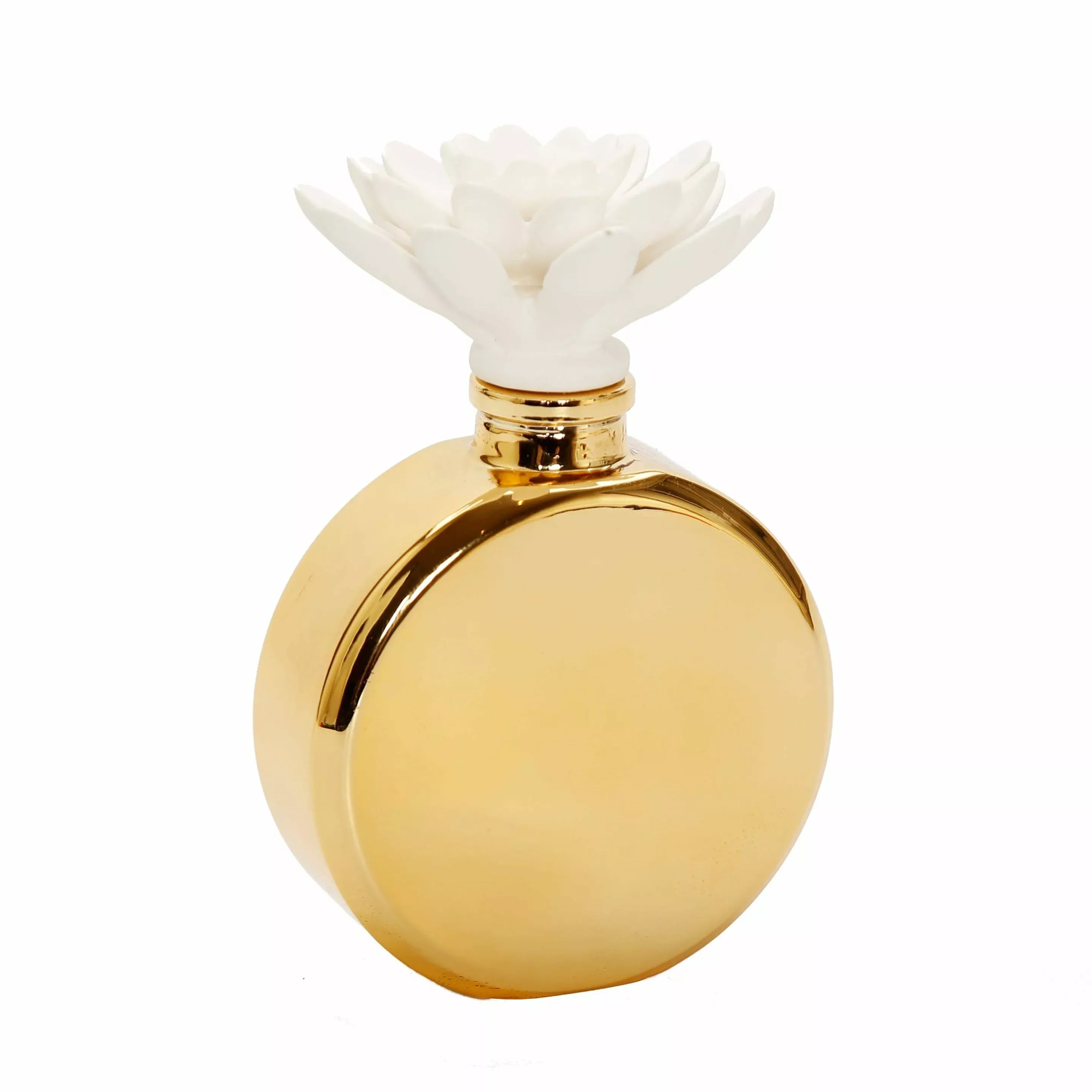 Gold Bottle Diffuser with White Flower, "Iris & Rose" Scent