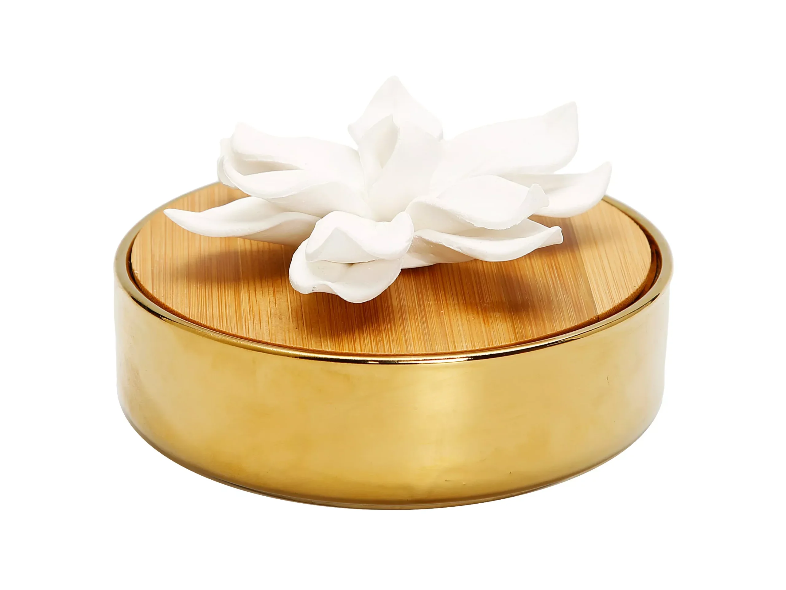 Gold Hemispheric Shaped Diffuser with White Flower, “Lily of the Valley” aroma