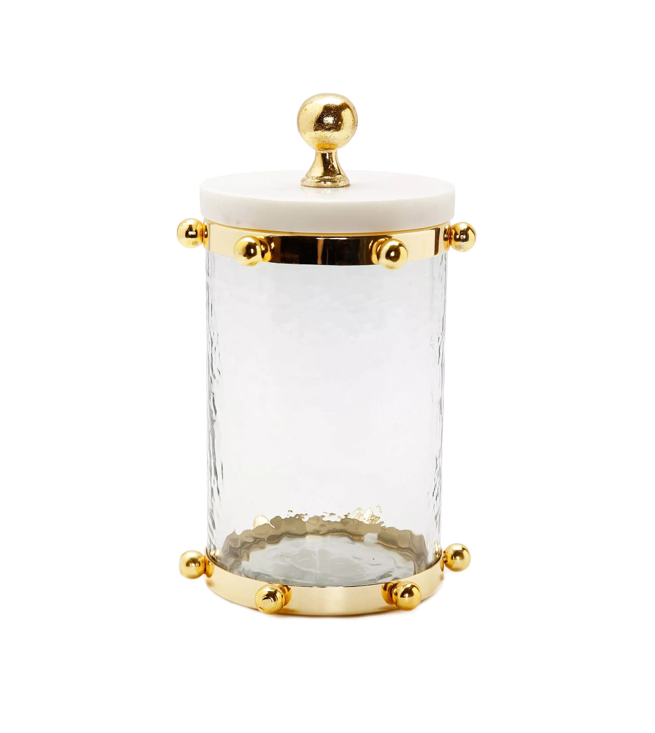 Hammered Glass Canister with Gold Ball Design 8"