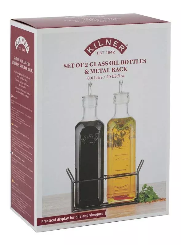Kilner Set Of 2 Oil Bottles & Metal Rack 0.6 Litre