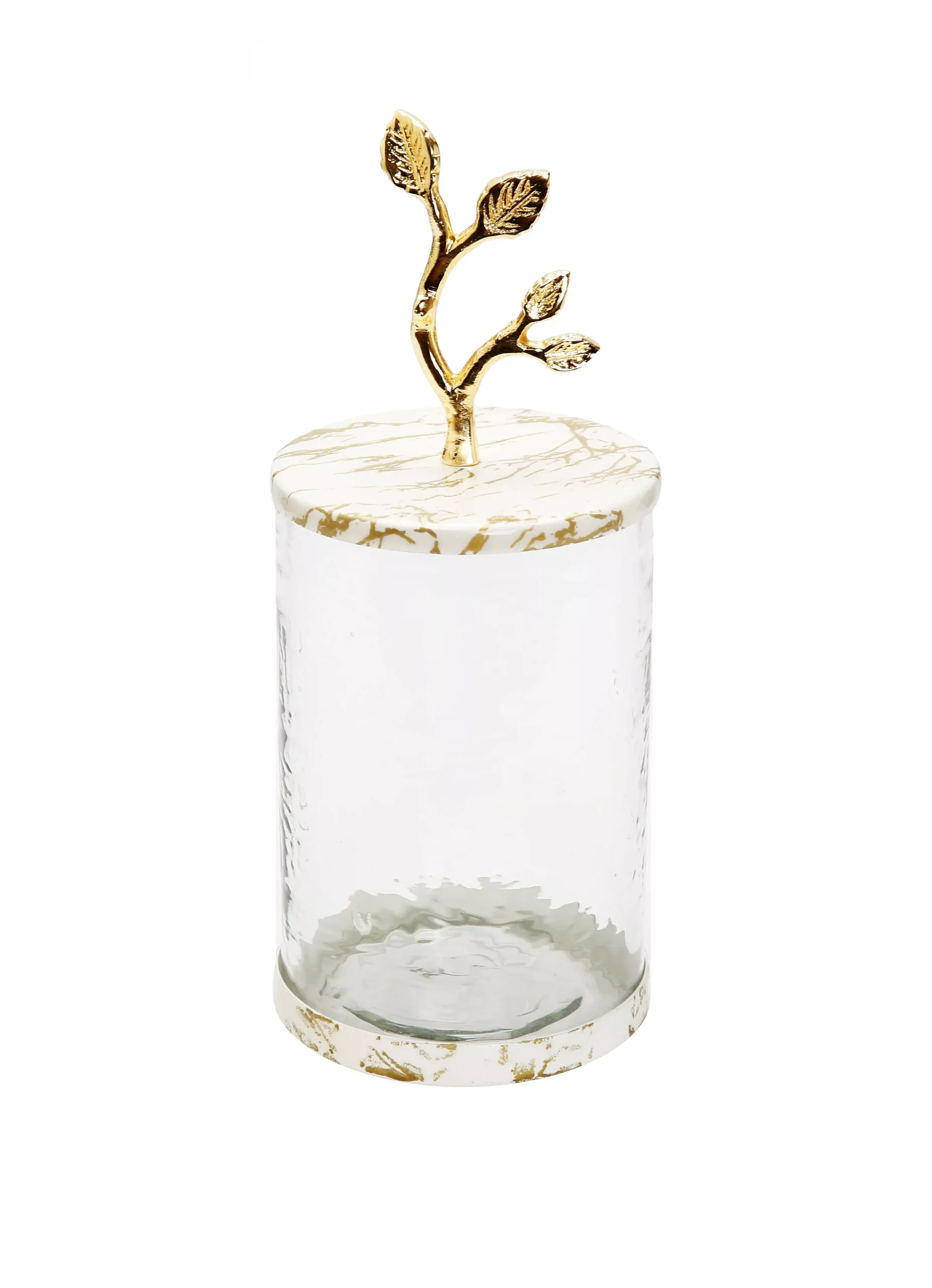 Medium Glass Canister with White/Gold Marble Lid and Leaf Handle