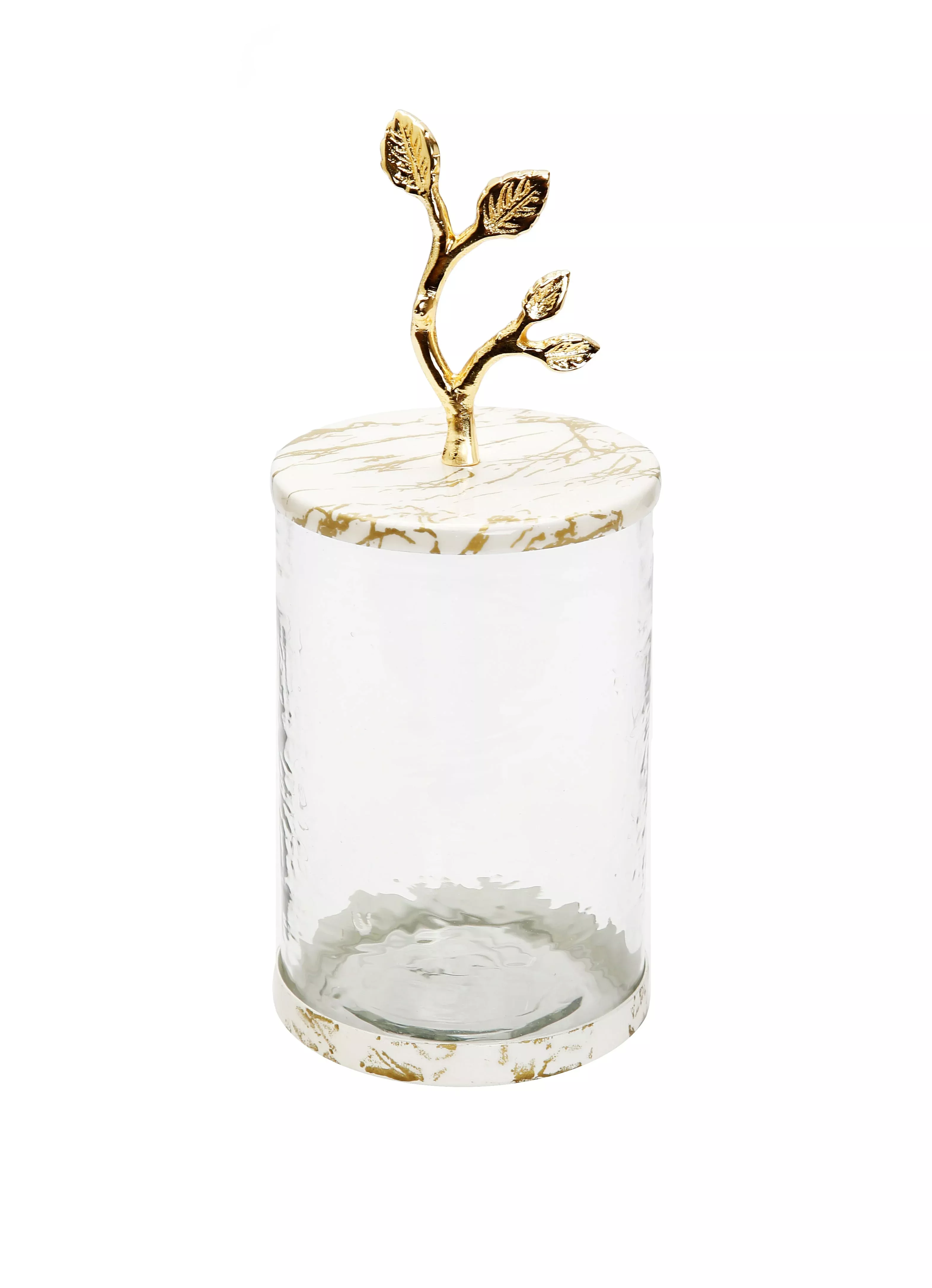 Medium Glass Canister with White/Gold Marble Lid and Leaf Handle