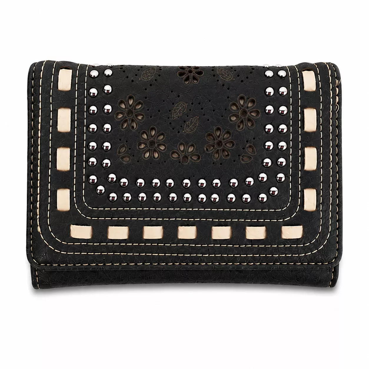 Montana West Daisy Cutout Trifold Wallet, Black