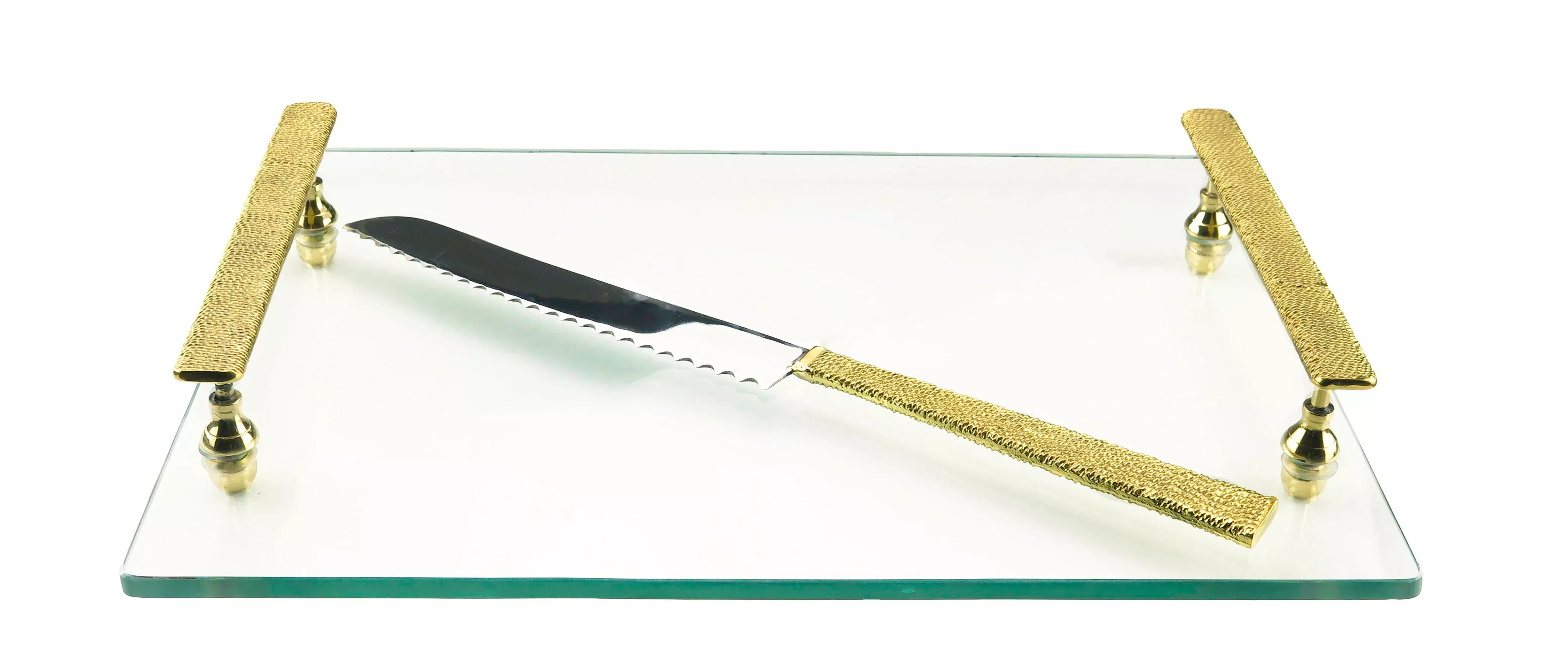Rectangular Glass Challah Tray with Knife with Gold Handles