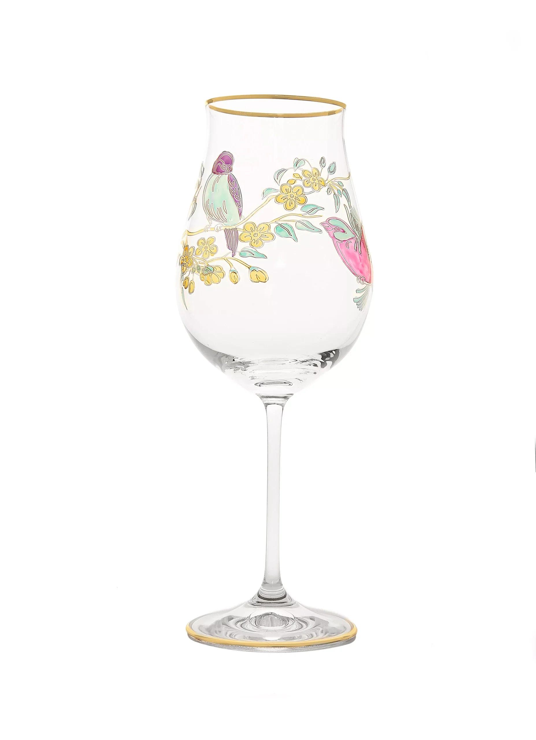 Set of 6 Wine Glasses with Painted Bird