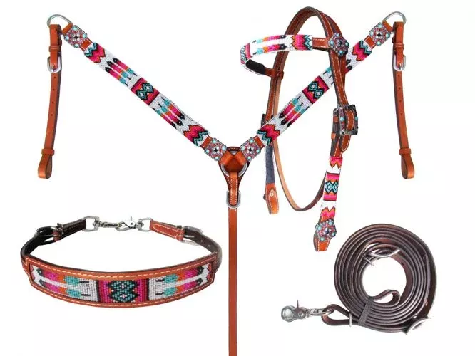 Showman Beaded Tribal Headstall, Breast Collar, Wither Strap, and Reins Set