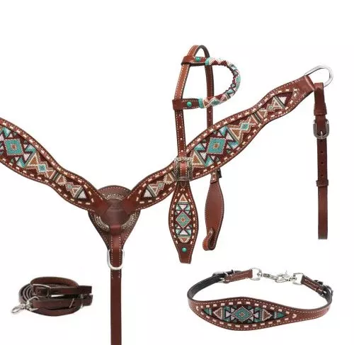 Showman Navajo Teal and Brown Beaded Headstall, Breast Collar, and Wither Strap Set