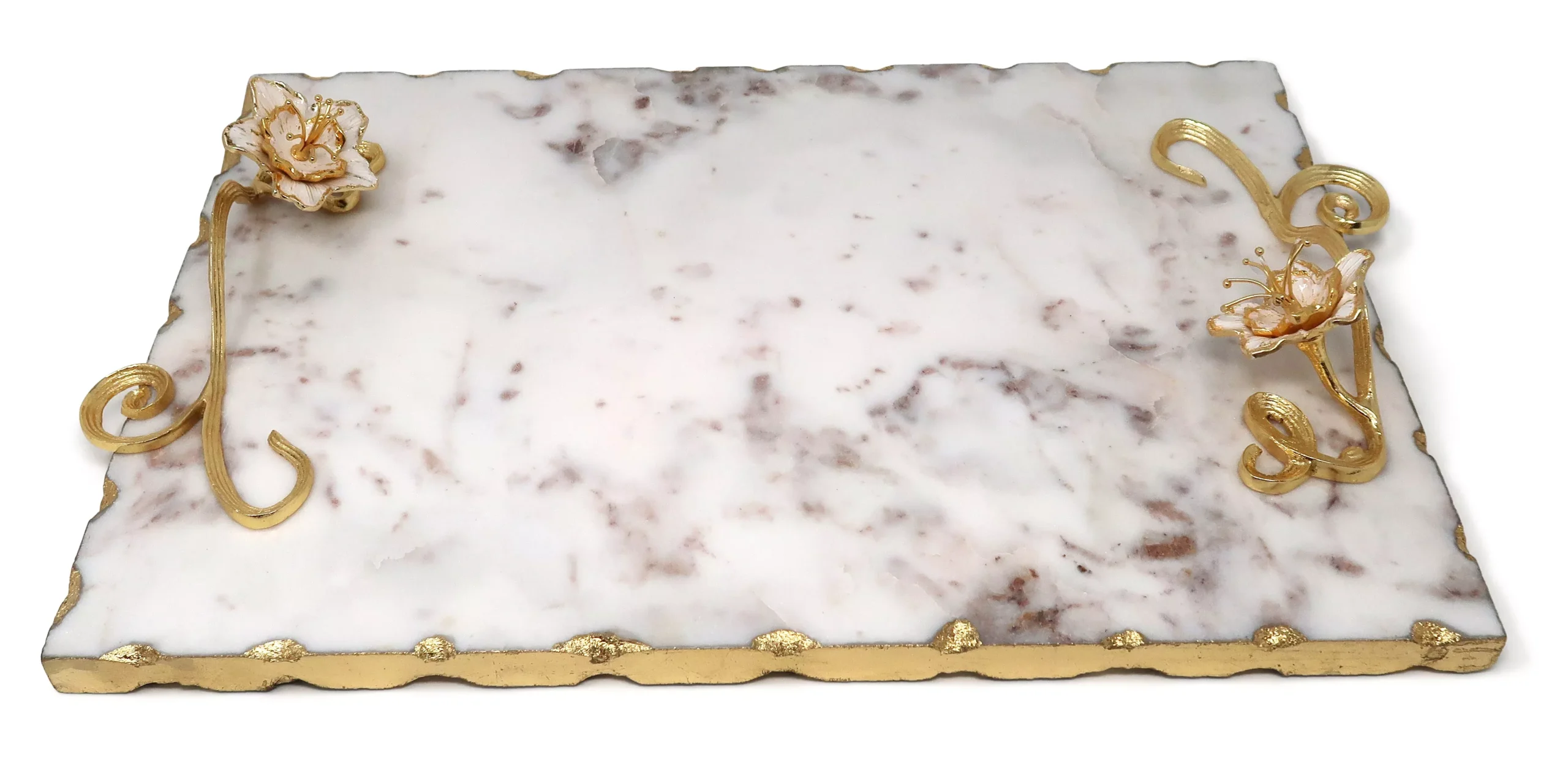 White Marble Tray with Enamel Flower Handle