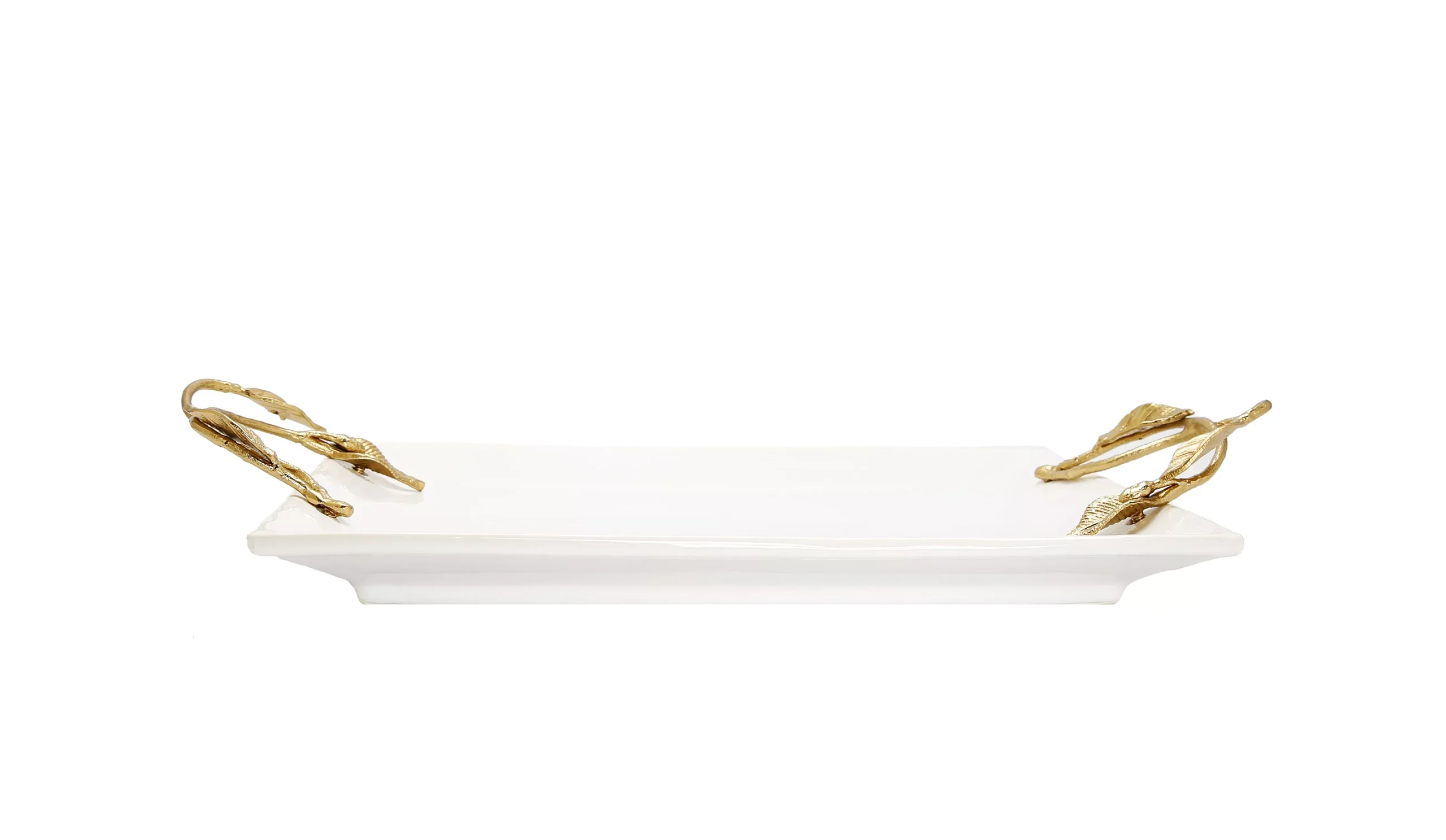 White Rectangular Tray with Gold Leaf Design Handles